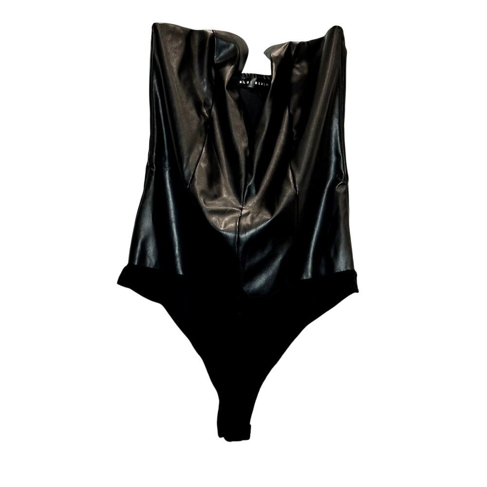 Blue Blush – Leader V-Neck Strapless Bodysuit – Black Leather – S